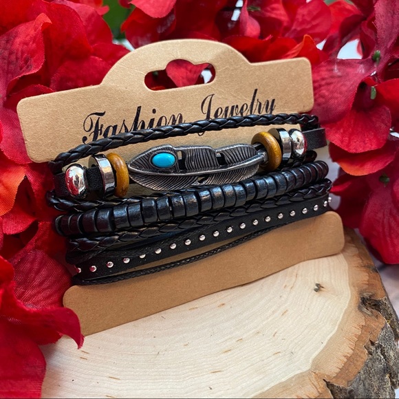 Boho Multilayer Leather Feather Beaded Bracelets - Picture 5 of 8